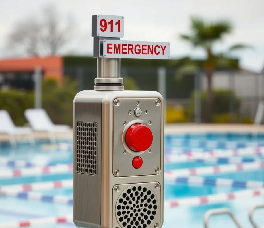 A stainless steel poolside emergency call station with a red call button and a 911 emergency sign, mounted beside a commercial swimming pool